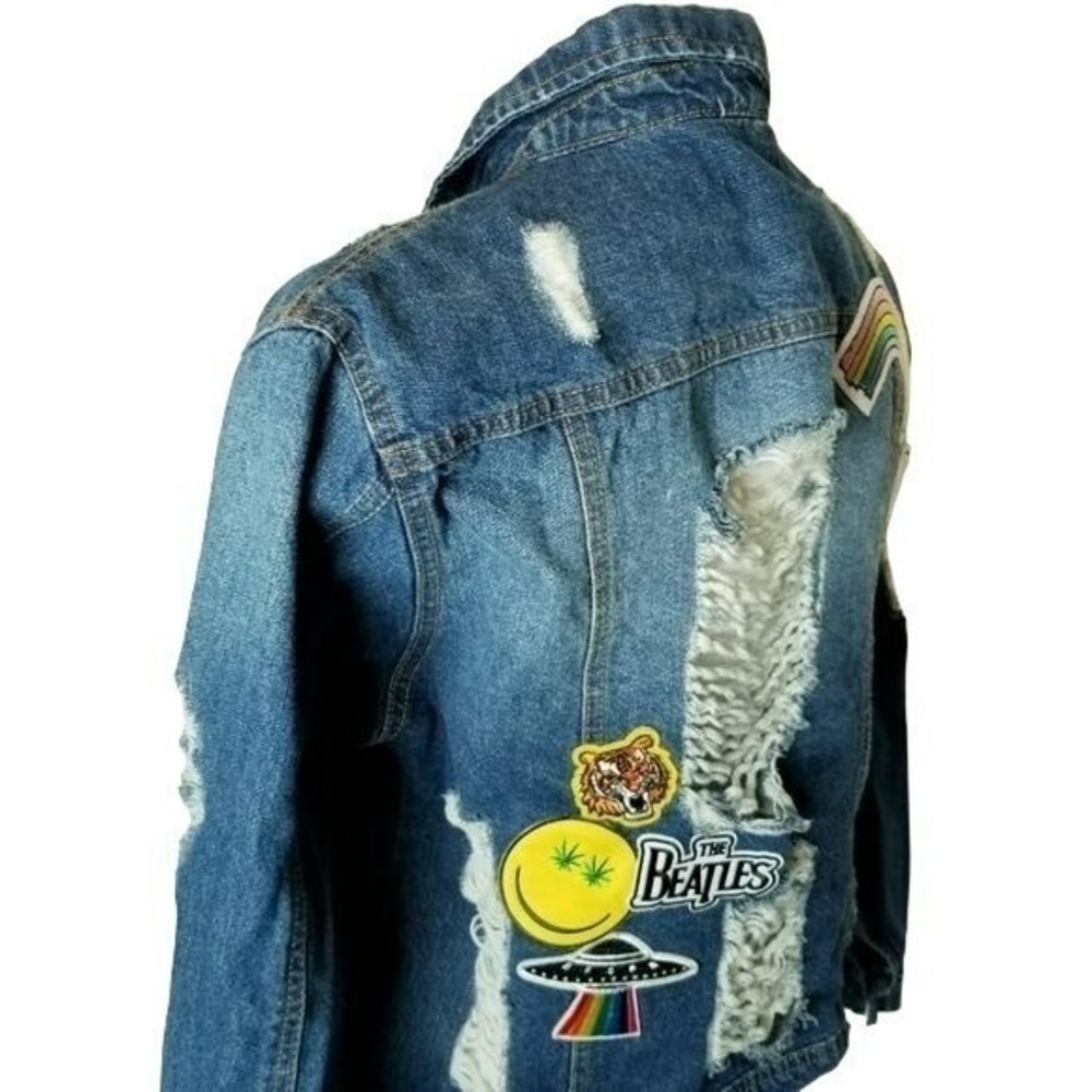 Blue Age Denim Jean Jacket Thrashed Patched Rainbow Hippie Boho‎ Festival M